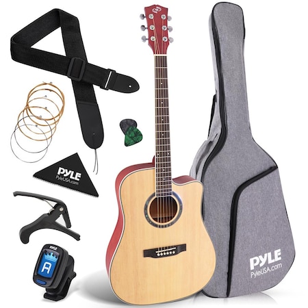 Pyle Full Size Acoustic Guitar Kit, Steel String, Dreadnought Cutaway, with Capo, Upgraded Gig Bag PGA480NT